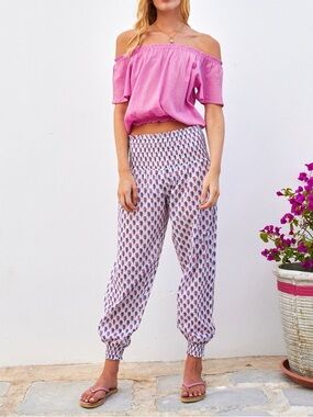 Aspiga Harem Trouser in Belleflower Pink/Purple 100% organic cotton Sz XS